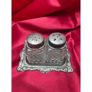 Silver Plated Place Setting Glass Salt & Pepper Shakers on a Platter Vintage Hon